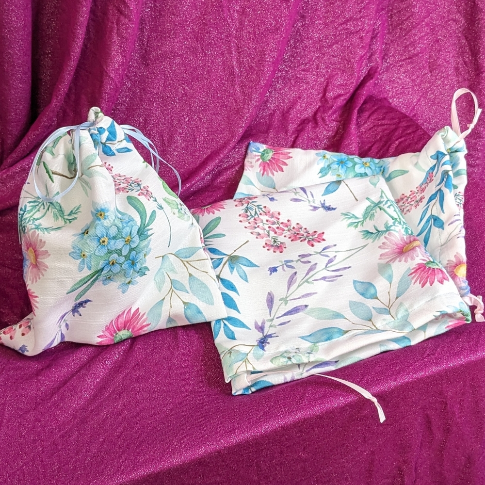 Upcycled floral drawstring reusable giftbag (blue drawstring)